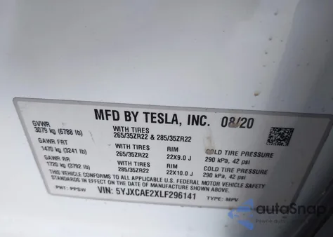 2020 Tesla Model X Long Range Dual Motor All-Wheel Drive/Long Range Plus Dual Motor All-Wheel Drive z USA, uszkodzony, nr VIN 5YJXCAE2XLF296141